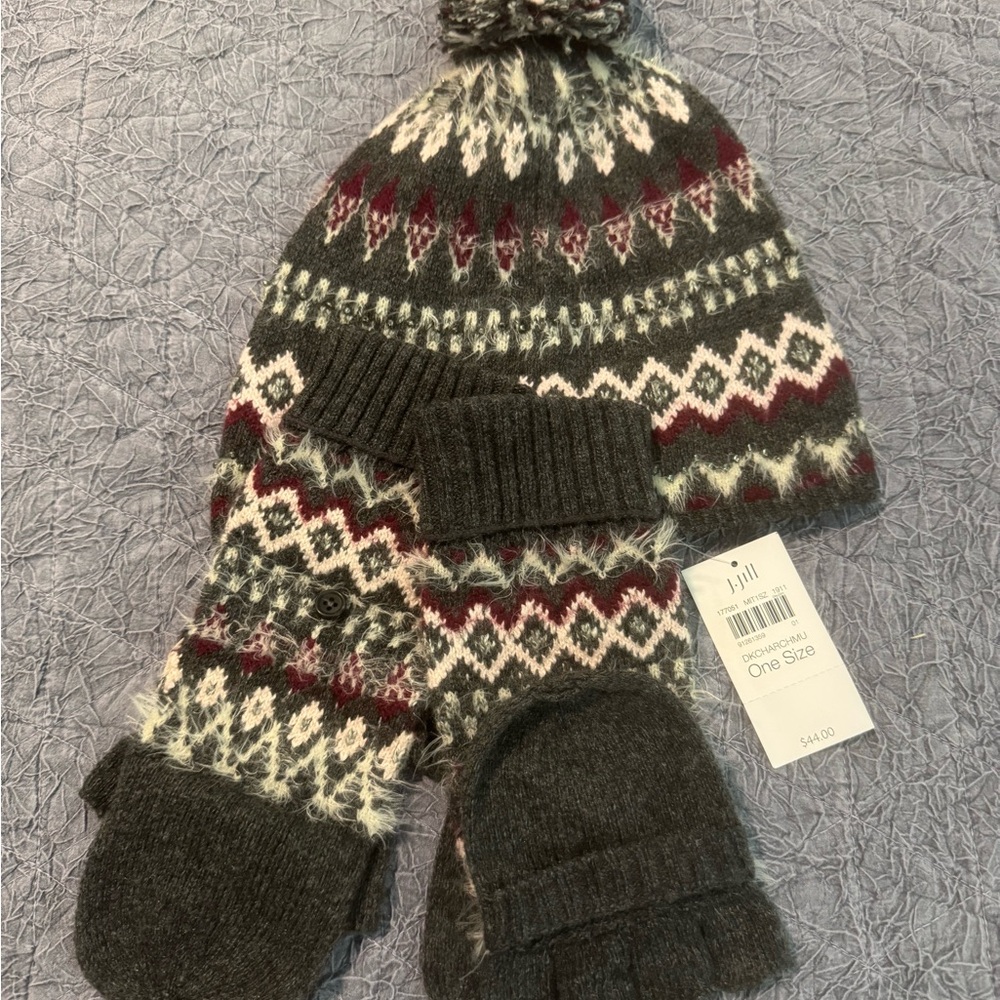 J. Jill Gray and Red Knit Hat and Mittens Set